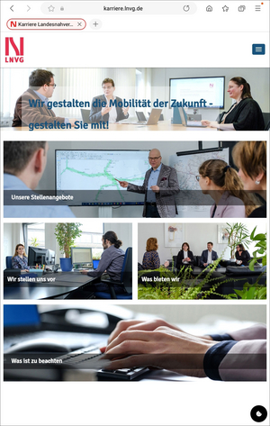 Mehrere Fotos und Kopfbilder zur Untermalung der möglichen Tätigkeiten bei der LNVG auf der Karriereseite zur Gewinnung von Personal