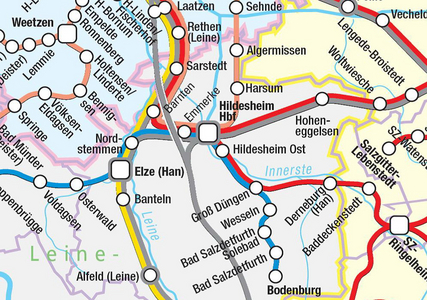 Kartenausschnitt mit Strecken um Hildesheim