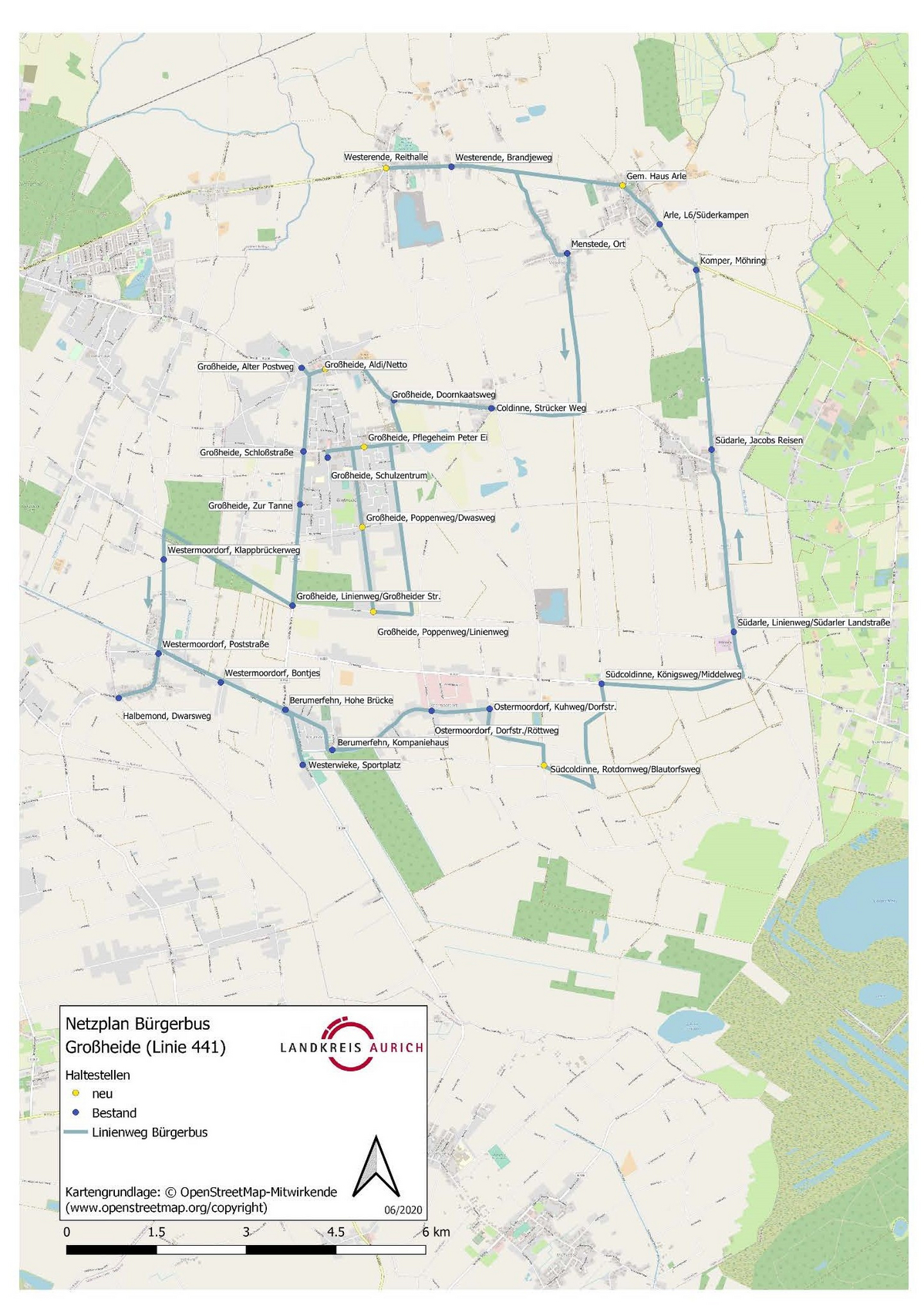 Linienverlaufsskizze Bürgerbus Großheide auf Landkarte
