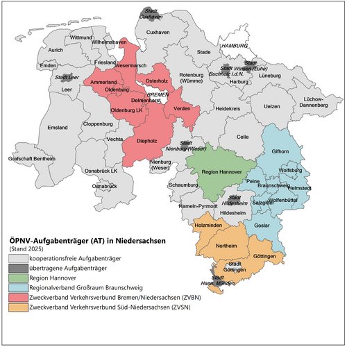Regionale Abgrenzungen bei den fuer den ÖPNV zuständigen und zusammenarbeitenden Aufgabenträgern 
