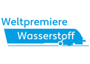Logo "Weltpremiere Wasserstoff" in wasserblau