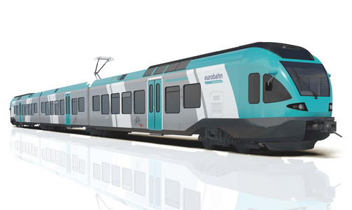 3D Modell des türkis-grauen Zugs der eurobahn