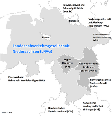 Karte mit Darstellung der regionalen Abgrenzung der Aufgabenträger in Niedersachsen und angrenzender Länder