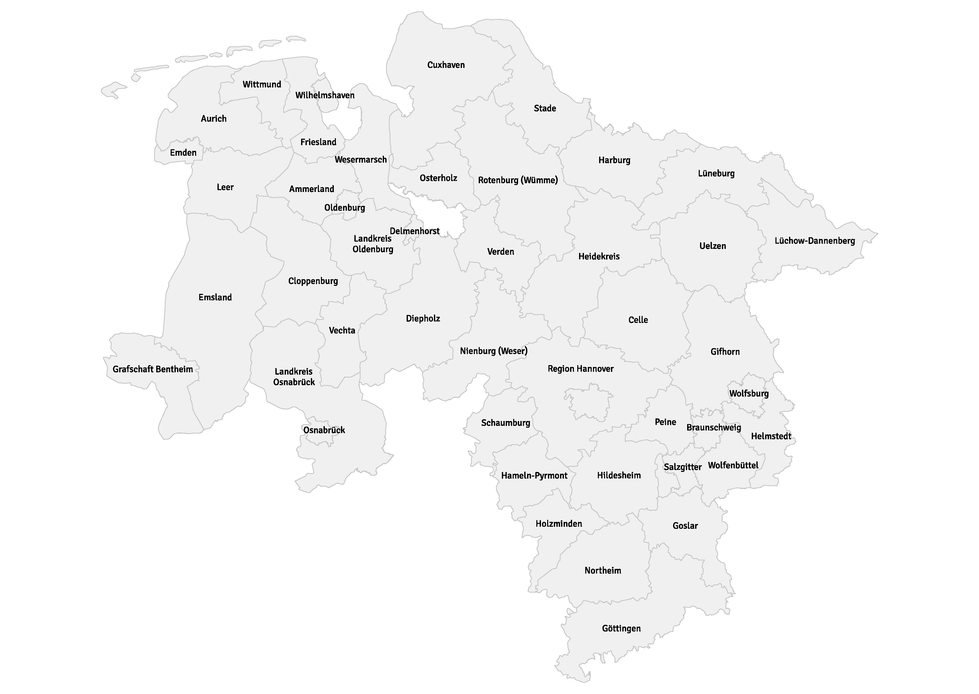 Geographische Darstellung der Landkreise und kreisfreien Städtei in Niedersachsen. LNVG-Gebiet enthalten aber nicht näher gekennzeichnet.