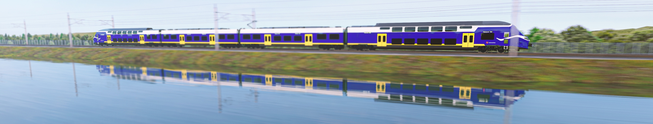 Seitenansicht ganzer Zug mit Spiegelung im Wasser darunter, von links nach rechts fahrend