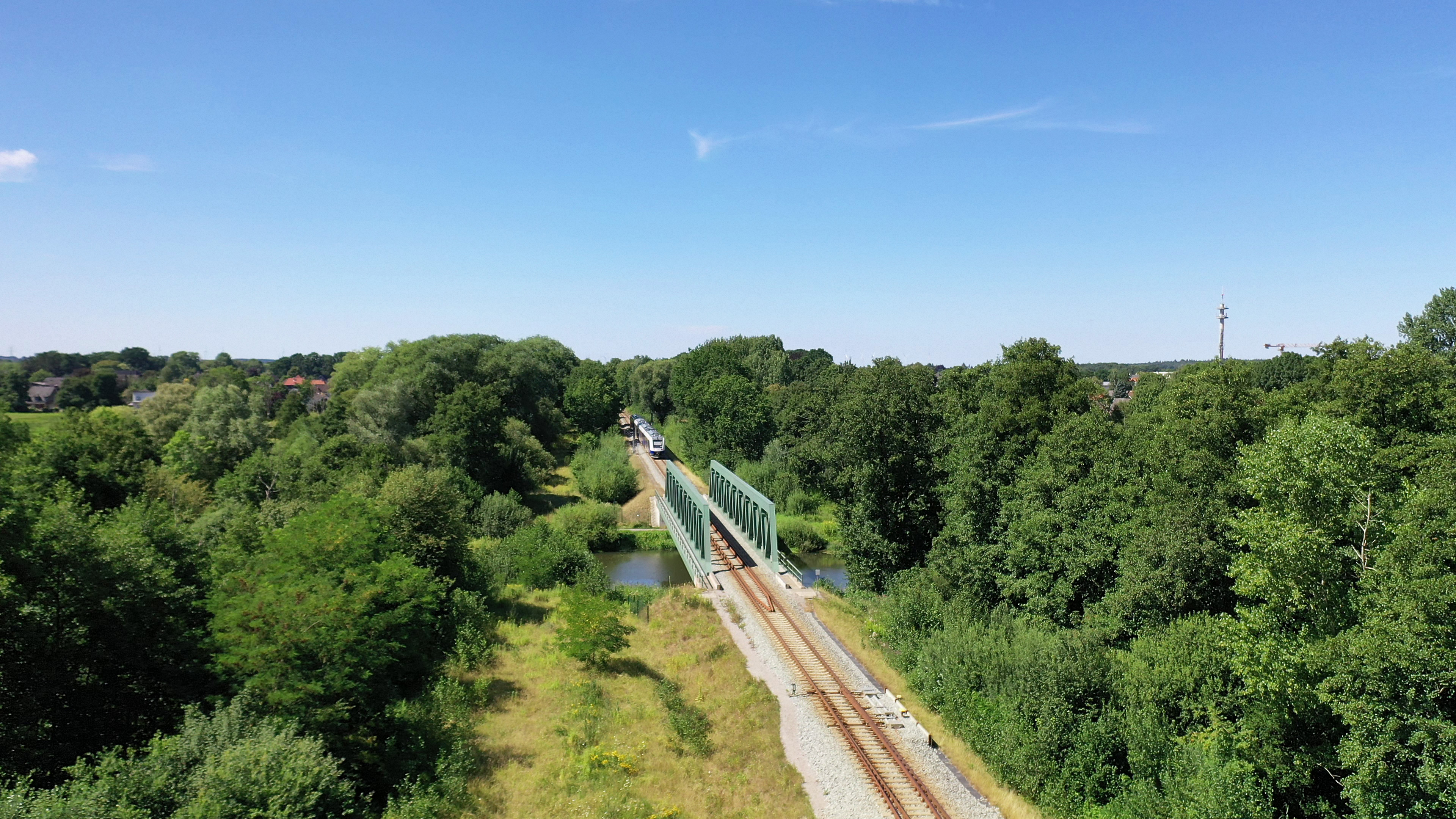 Auf den Zuschauer zufahrendes noch weit entferntes Fahrzeug auf einer eingleisigen Strecke mit viel Baum- und Buschbestand rechts und links im Sommer (Drohnenaufnahme)